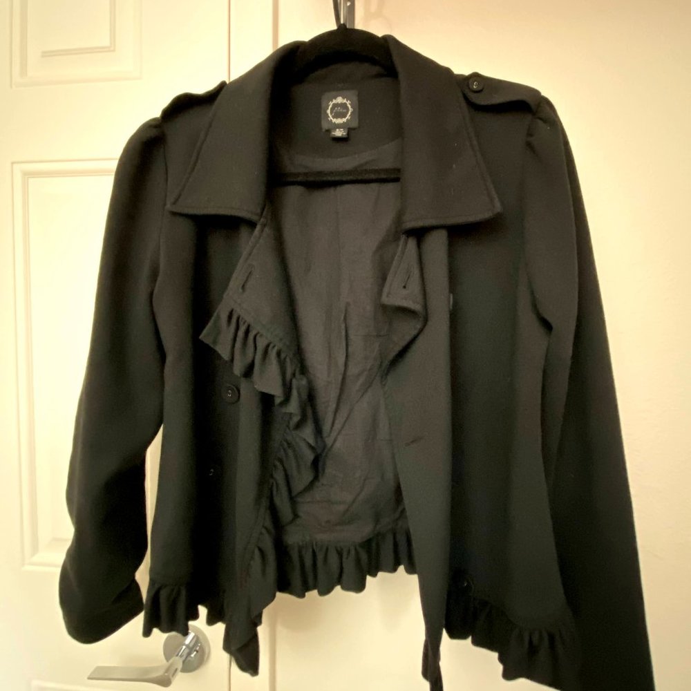 Black Cotton Button Up Frilly Pea Coat (Size S)